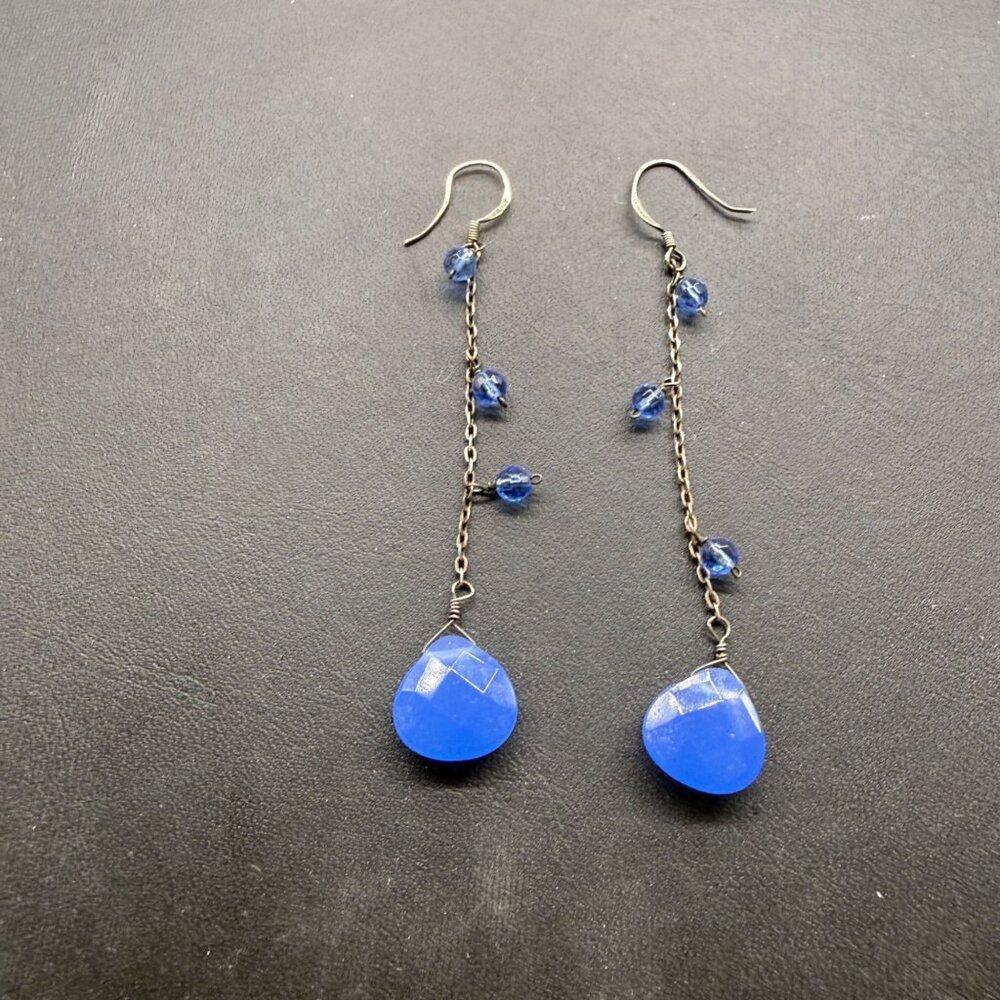 925 Sterling Silver Blue Glass Drop Dangle Earrings chain & Beads